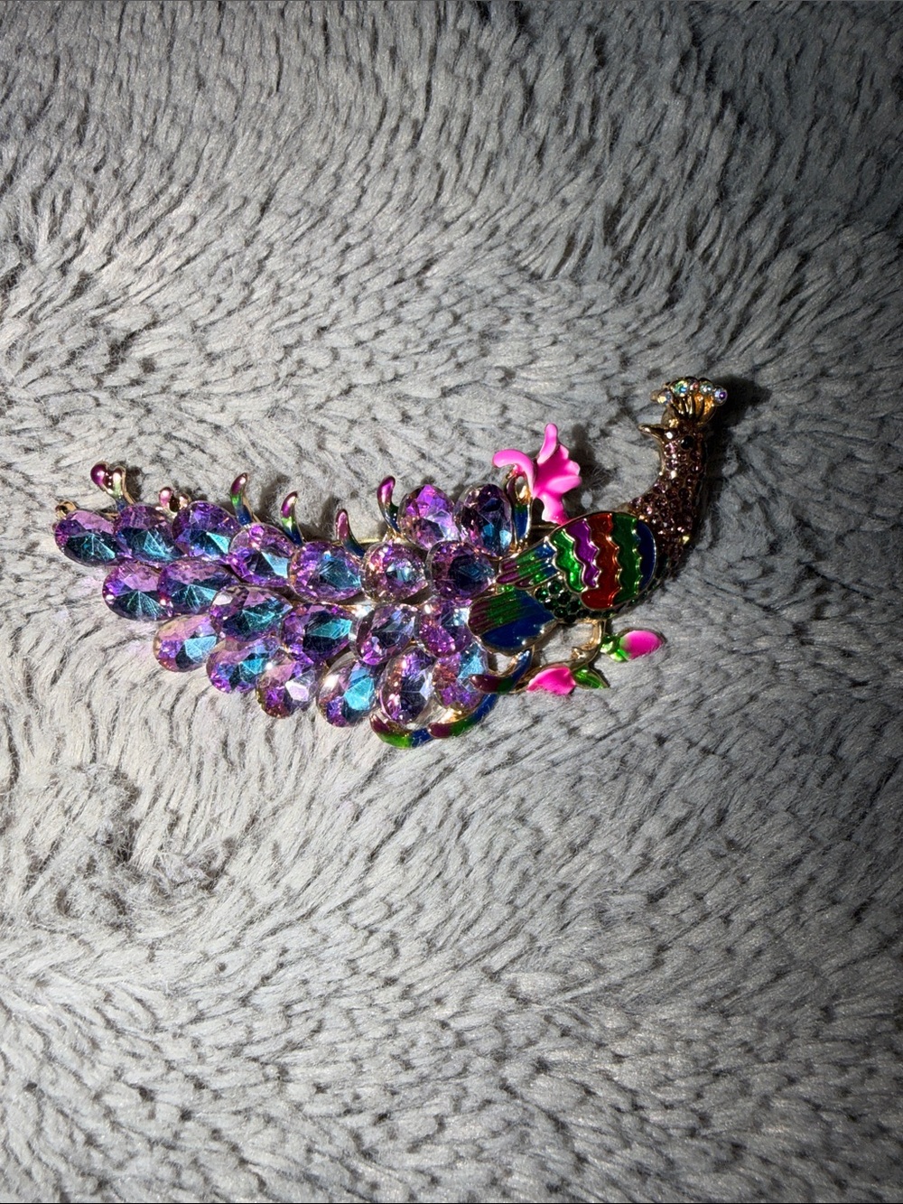 Colorful Crystal Peacock Brooch with Pink Accents
